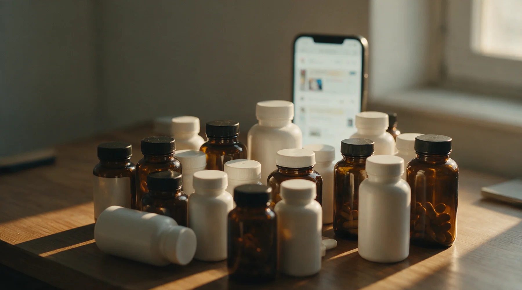 Around fifteen unlabelled supplement bottles in amber glass and white plastic crowded together on a wooden table in low afternoon light, a phone propped behind them showing a scrolling shopping feed