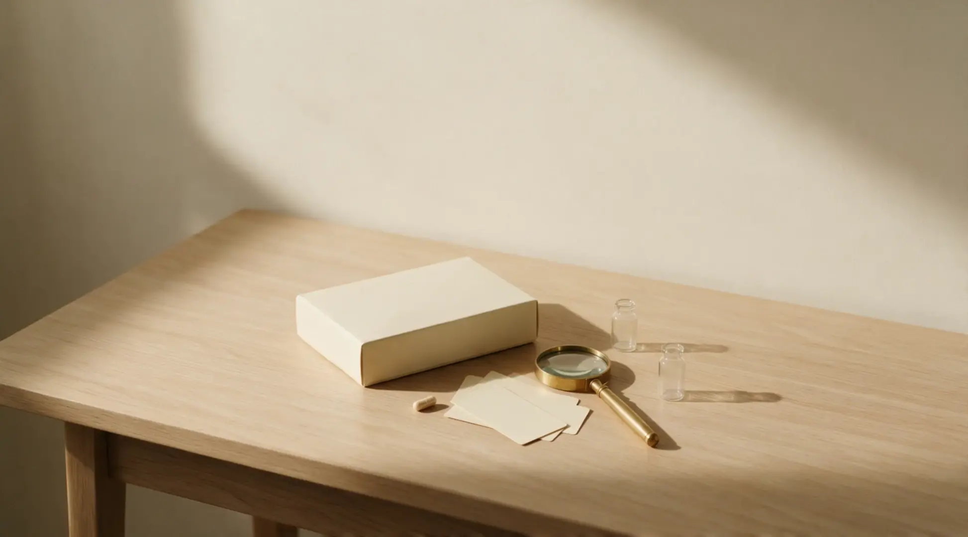 A plain unbranded cream product box on a pale wood table in soft daylight, with a brass magnifying glass, two empty glass vials, a single capsule and several blank cards laid out beside it
